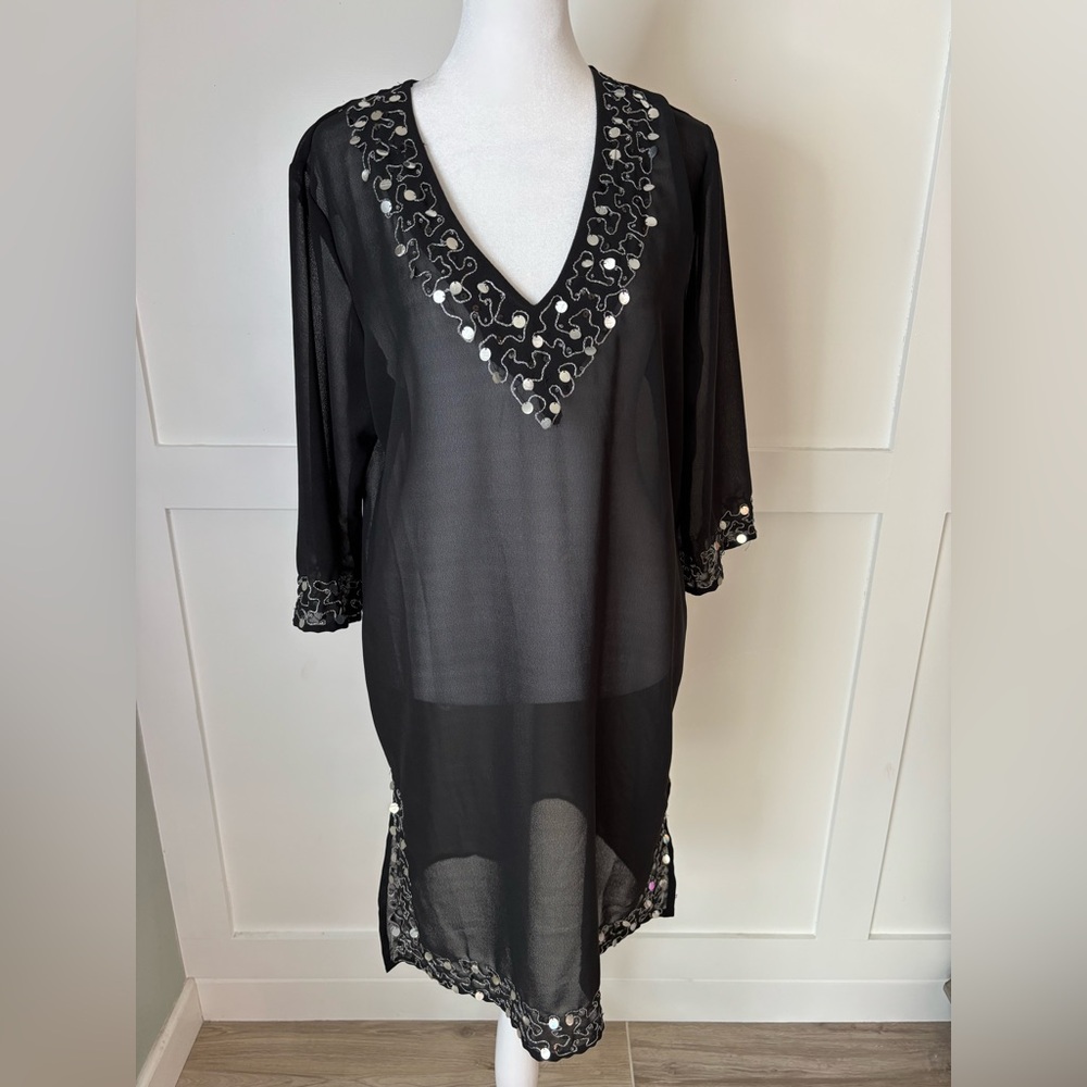 Elegant Black and Silver Embellished Swim Coverup